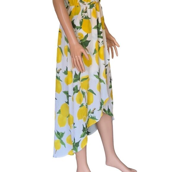 Dream of me Lemon Print Faux Wrap High Low Dress SMALL - Picture 8 of 15